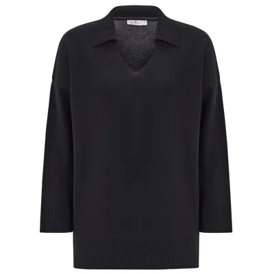 PERALUNA WOMEN'S POLO V NECK WIDE SLEEVE LOOSE FIT KNIT PULLOVER - BLACK