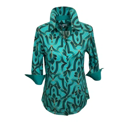 PERLAVERA WOMEN'S BLUE CINDY TILE AQUA PRINTED THREE QUARTER SLEEVE REGULAR SLIM SHIRT