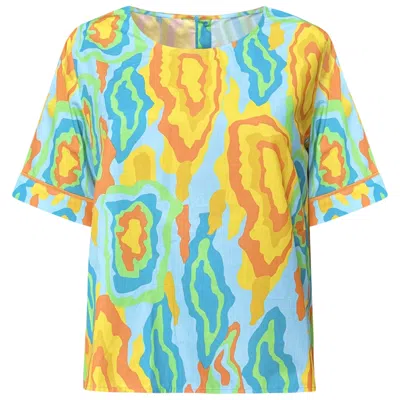 PERLAVERA WOMEN'S ORANGE / BLUE / YELLOW DIDI PEACH CARNAVAL PRINTED COTTON WITH BACK PLACKET SHORT SLEEVE LEN