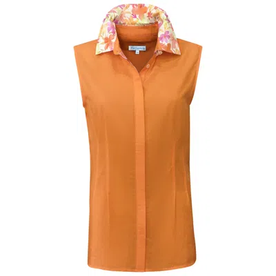 PERLAVERA WOMEN'S CATHY ORANGE SOLID SOFT COTTON SLEEVELESS SHIRT WITH PRINTED DETAILS