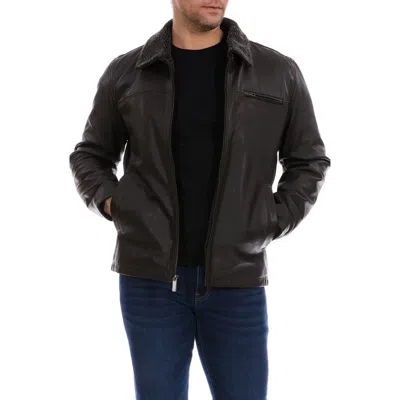 PERRY ELLIS PERRY ELLIS FAUX SHEARLING COLLARED LEATHER JACKET