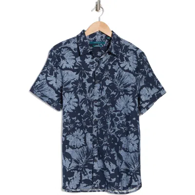 PERRY ELLIS PERRY ELLIS TROPICAL PRINT SHORT SLEEVE LINEN & COTTON BUTTON-UP SHIRT