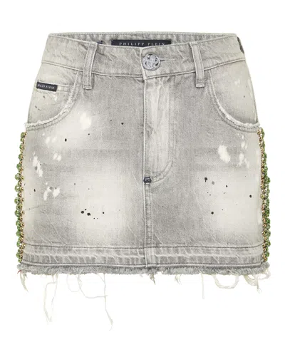 PHILIPP PLEIN DENIM MINI SKIRT RIB STRASS