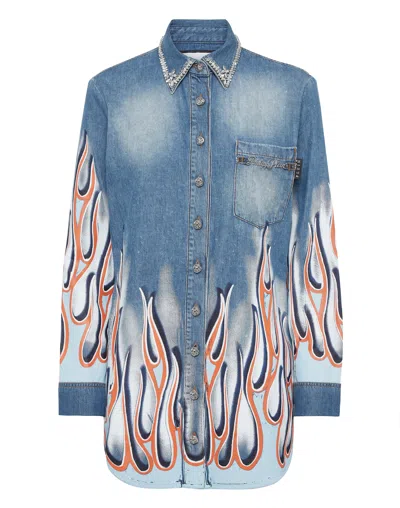 PHILIPP PLEIN DENIM SHIRT LS FLAME RACING