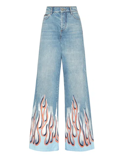PHILIPP PLEIN DENIM SKATER FIT TROUSERS FLAME