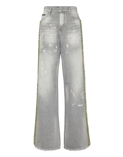 PHILIPP PLEIN DENIM SKATER FIT TROUSERS RIB STRASS