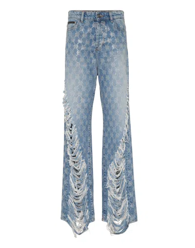 PHILIPP PLEIN DENIM SKATER FIT TROUSERS STRASS MONOGRAM