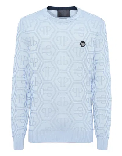 PHILIPP PLEIN JACQUARD SILK WOOL PULLOVER ROUND NECK LS MONOGRAM