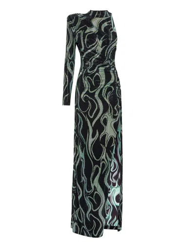 PHILIPP PLEIN JERSEY STRASS LONG DRESS MONO SLEEVE FLAME