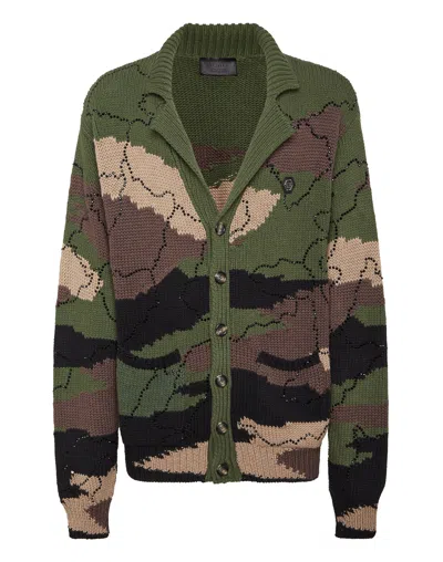 PHILIPP PLEIN KNITTED CARDIGAN STRASS CAMOUFLAGE