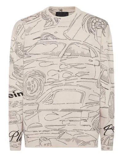 PHILIPP PLEIN KNITTED PULLOVER ROUND NECK LS CARS RACING