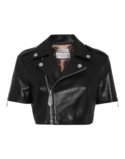 PHILIPP PLEIN LEATHER CROPPED BIKER SHORT SLEEVE JACKET