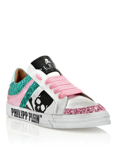 PHILIPP PLEIN LEATHER LO-TOP SNEAKERS SKULL WITH CRYSTALS