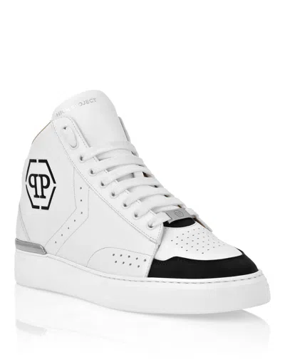 PHILIPP PLEIN LEATHER MID-TOP SNEAKERS HEXAGON