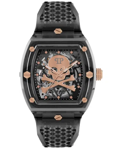 PHILIPP PLEIN MEN'S AUTOMATIC SKELETON GRAY TPU STRAP WATCH 44X56MM