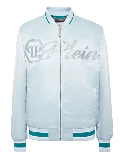 PHILIPP PLEIN SATIN BOMBER JACKET LOGO STRASS