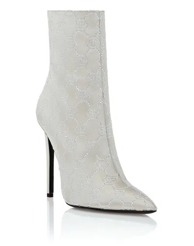 PHILIPP PLEIN SATIN BOOTS HIGH HEELS MID MONOGRAM STRASS