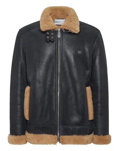 PHILIPP PLEIN SHEARLING LEATHER BIKER JACKET