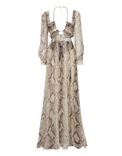 PHILIPP PLEIN SILK CHIFFON LONG DRESS PITONE