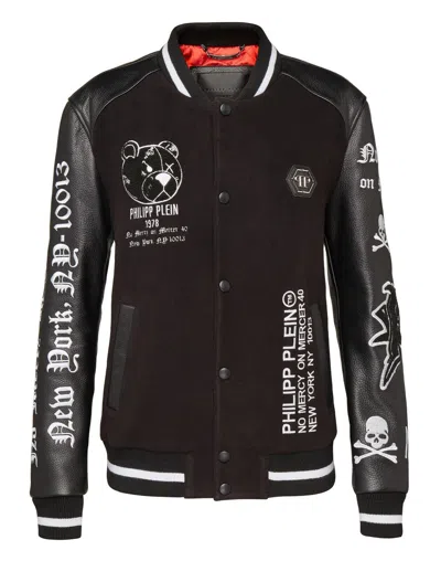 PHILIPP PLEIN PHILIPP PLEIN TEDDY BEAR CRYSTAL PRINTED MEN'S GENUINE LEATHER SLEEVES JACKET