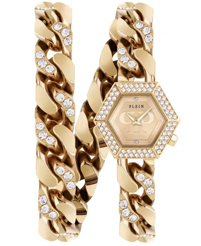 PHILIPP PLEIN WOMEN'S THE HEXAGON GOLD-TONE STAINLESS STEEL CRYSTAL LINK WRAP BRACELET WATCH 28MM