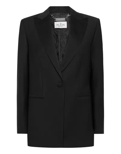PHILIPP PLEIN WOOL BLAZER BOYFRIEND FIT FACE STRASS