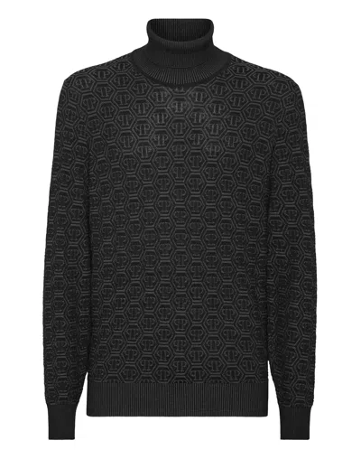 PHILIPP PLEIN WOOL SILK TURTLE NECK LONG-SLEEVE MONOGRAM