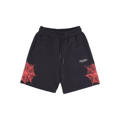 PHOBIA MEN'S TRACKSUIT SHORTS COBWEB PRINT SHORTS BLACK/RED