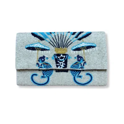 PICK HAPPY WOMEN'S BLUE / WHITE FLOWER DOGGIE HAND BEADED CLUTCH BAG PALE BLUE