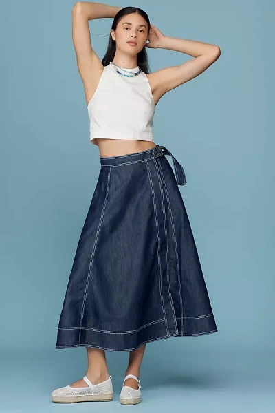 PILCRO SIDE-SLIT DENIM A-LINE MIDI SKIRT
