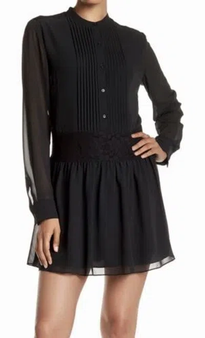 PINK ROSE MARCHESA ROSE PLEATED FRONT LACE TRIM CAVIAR BLACK L/S DRESS WOMENS XS S M