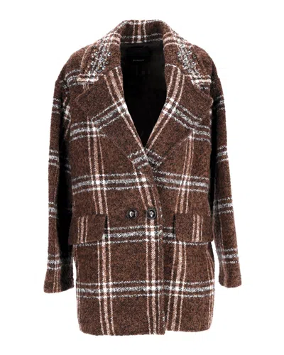 PINKO PINKO DOUBLE-BREASTED CHECK COAT IN BROWN POLYESTER