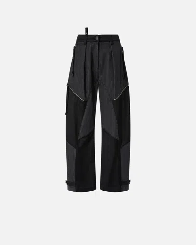 PINKO P-PANTS TROUSERS IN BLACK DENIM AND SATIN WITH ZIP