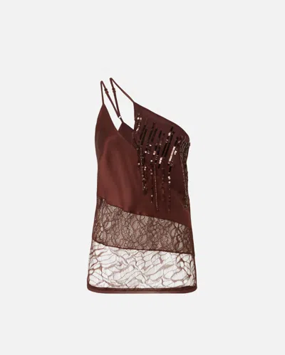 PINKO TOP ASYMÉTRIQUE EN SATIN AVEC DENTELLE ET PAILLETTES