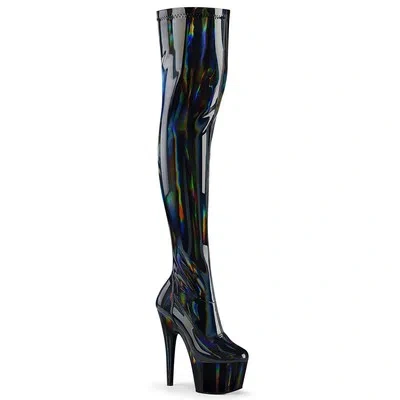 PLEASER ADORE-3000HWR PLEASER HIGH-HEEL PLATEAUOVERKNEESTIEFEL SCHWARZ STRETCH-HOLOGRAMM