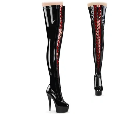 PLEASER DELIGHT-3027 PLEASER HIGH HEELS PLATEAUOVERKNEESTIEFEL SCHWARZ ROT STRETCH DAMEN