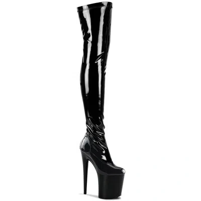 PLEASER FLAMINGO-3000 PLEASER HIGH-HEELS PLATEAU OVERKNEESTIEFEL SCHWARZ STRETCHLACK