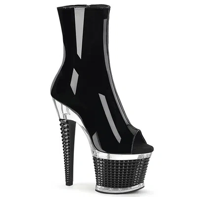 PLEASER SPECTATOR-1012 PLEASER PEEP TOE STRUKTUR PLATEAUSTIEFELETTEN KLAR SCHWARZ LACK