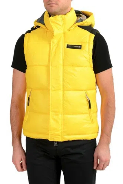 PLEIN SPORT PLEIN SPORT HERREN GELB MIT KAPUZE LOGO AUFDRUCK REISSVERSCHLUSS ÄRMELLOS WESTE