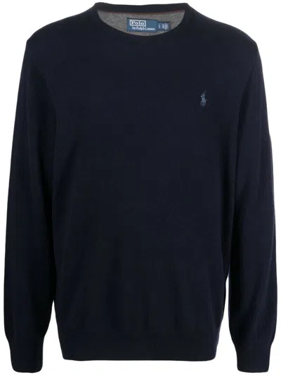 POLO RALPH LAUREN POLO RALPH LAUREN BLUE WOOL SWEATER WITH LOGO EMBROIDERY