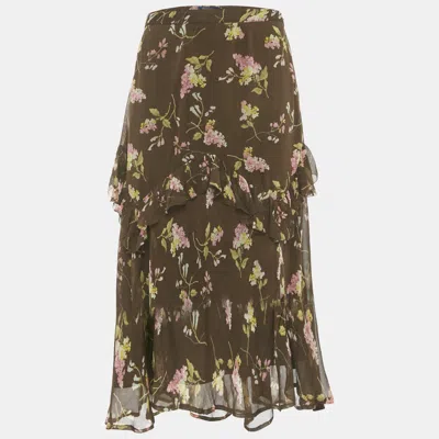 POLO RALPH LAUREN BROWN FLORAL PRINT CHIFFON RUFFLED MIDI SKIRT M