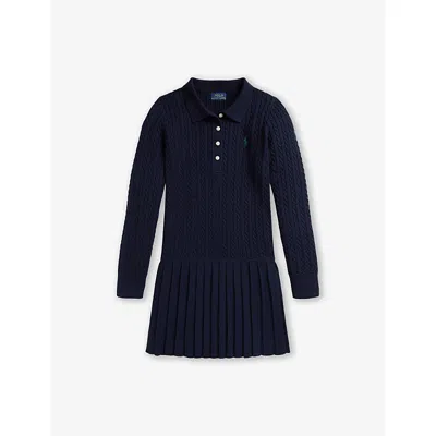 POLO RALPH LAUREN NAVY GIRLS' LOGO-EMBROIDERED CABLE-KNIT COTTON POLO JUMPER DRESS