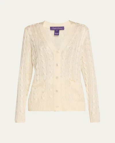 POLO RALPH LAUREN HIGH SHINE CABLE-KNIT CASHMERE CARDIGAN SWEATER, CREAM