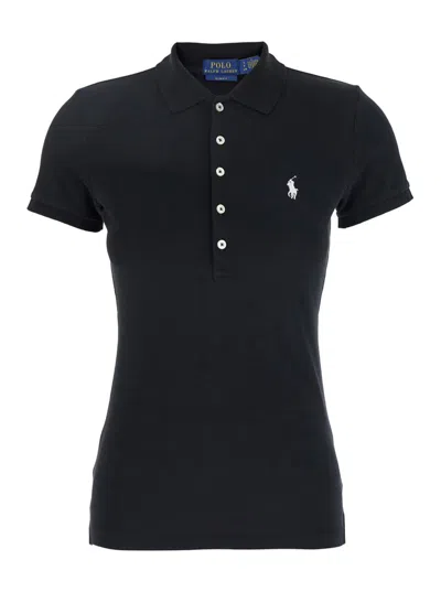 POLO RALPH LAUREN 'JULIE' BLACK POLO SHIRT WITH CLASSIC COLLAR AND PONY EMBROIDERY ON THE FRONT IN COTTON STRETCH WOMA