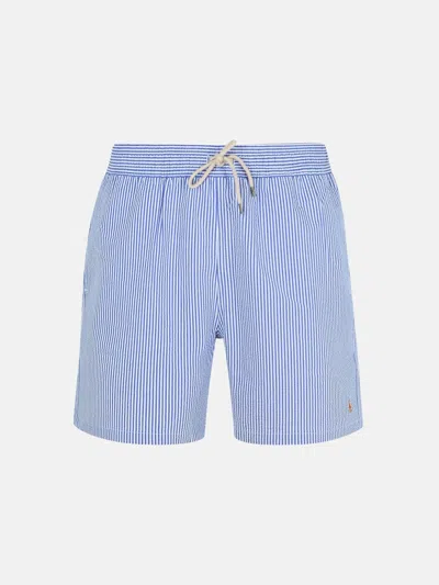 POLO RALPH LAUREN LIGHT BLUE COTTON BLEND STRIPED SWIMSUIT