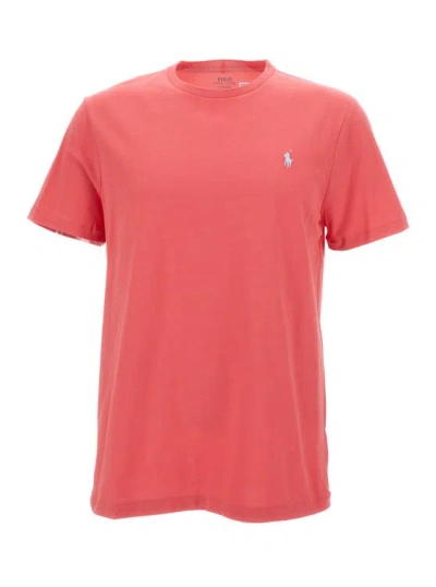 POLO RALPH LAUREN PINK CREWNECK T-SHIRT WITH PONY EMBROIDERY IN COTTON