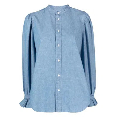 POLO RALPH LAUREN POLO RALPH LAUREN PUFF-SLEEVE FRILL-TRIMMED DENIM SHIRT