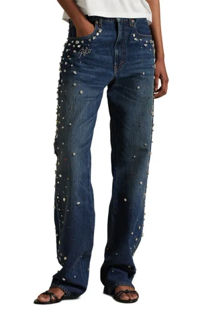 POLO RALPH LAUREN POLO RALPH LAUREN RHINESTONE EMBELLISHED HIGH WAIST RELAXED STRAIGHT LEG JEANS