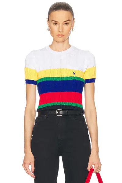 POLO RALPH LAUREN STRIPED CABLE SHORT-SLEEVE SWEATER