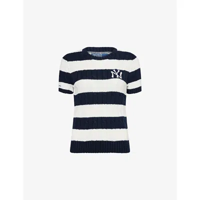 POLO RALPH LAUREN WOMENS AVIATOR NAVY WHITE POLO RALPH LAUREN X MLB COLLECTION CABLE-KNIT COTTON JUMPER
